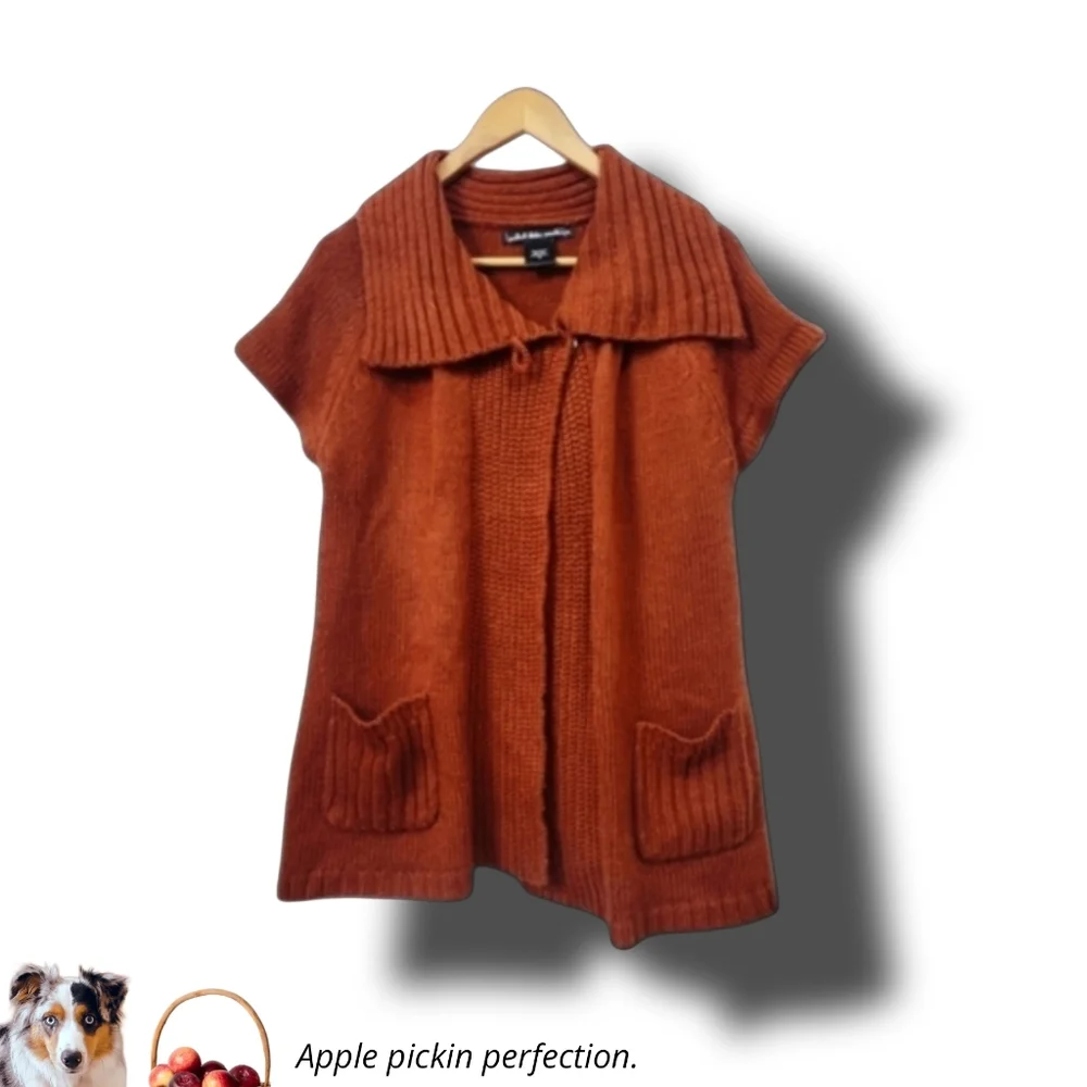 🌿United States Sweaters Women's Med Pumpkin Orange Short Sleeve Knit Cardigan - Picture 14 of 15